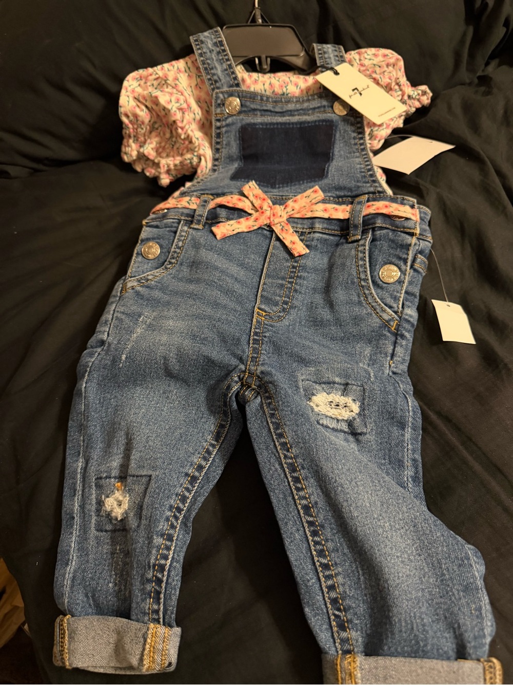 7 For All Mankind Kids Denim Overalls Outfit with Floral Top